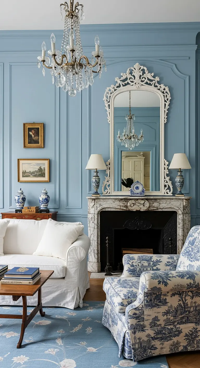 Sala de estar con paredes azules, muebles blancos y tapizados florales a juego.