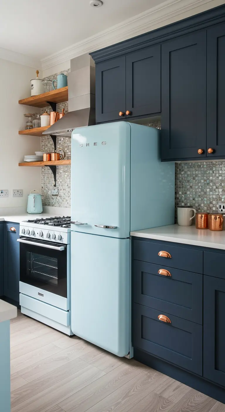 Cocina con frigorífico retro azul claro, armarios azul marino y tiradores de cobre.