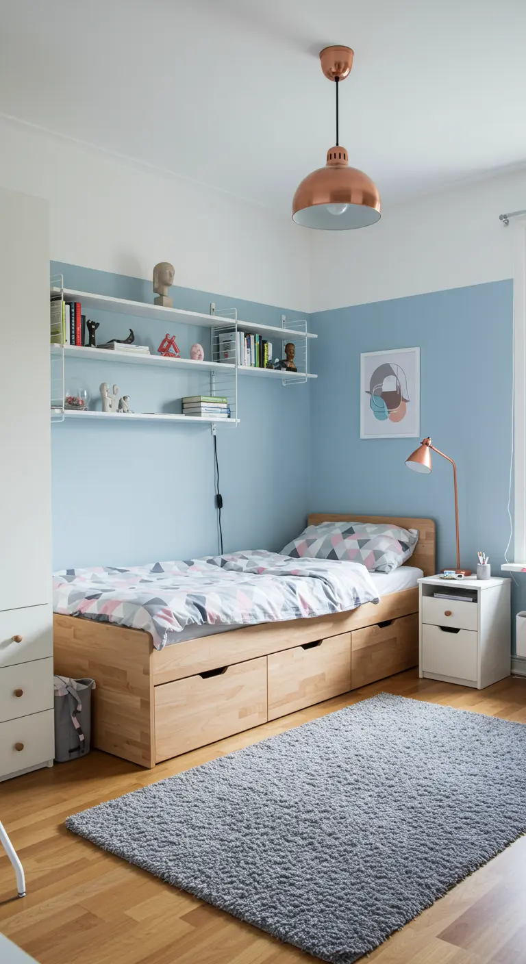 Dormitorio juvenil con pared azul pastel, cama de madera con almacenaje y estanterías blancas.
