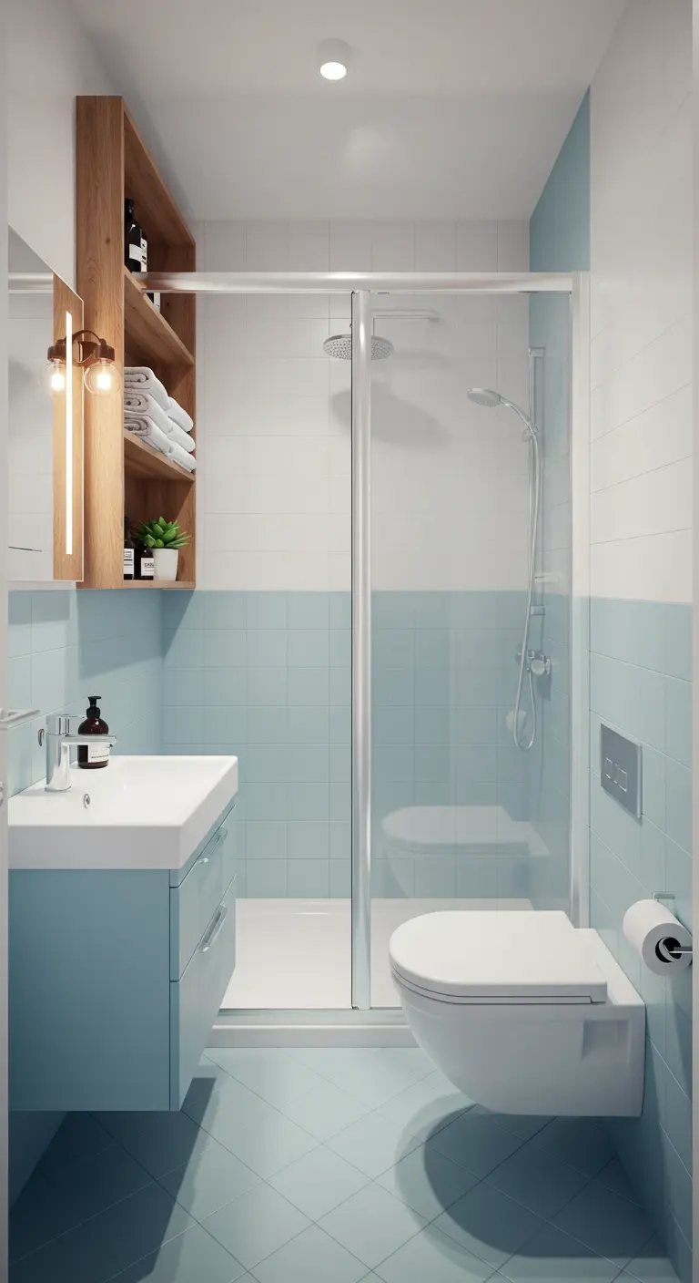 Baño pequeño con azulejos azules a media altura y estanterías de madera sobre el inodoro.
