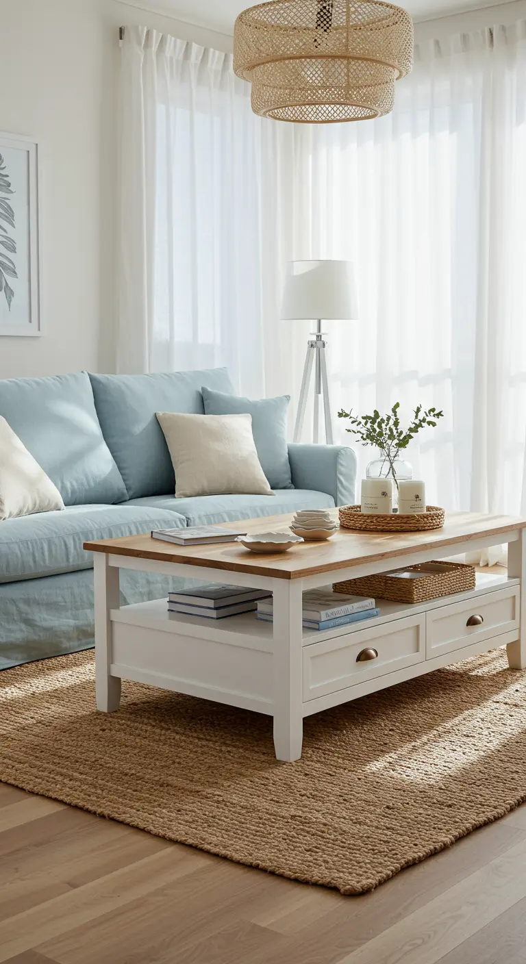 Sofá cama azul claro con cojines beige en un salón luminoso de estilo costero.