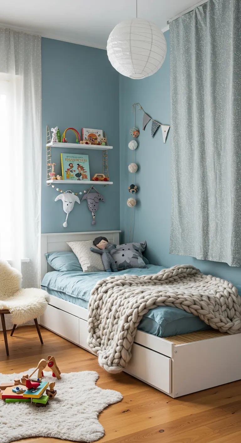 Habitación infantil azul con cama con almacenaje y manta de punto grueso.