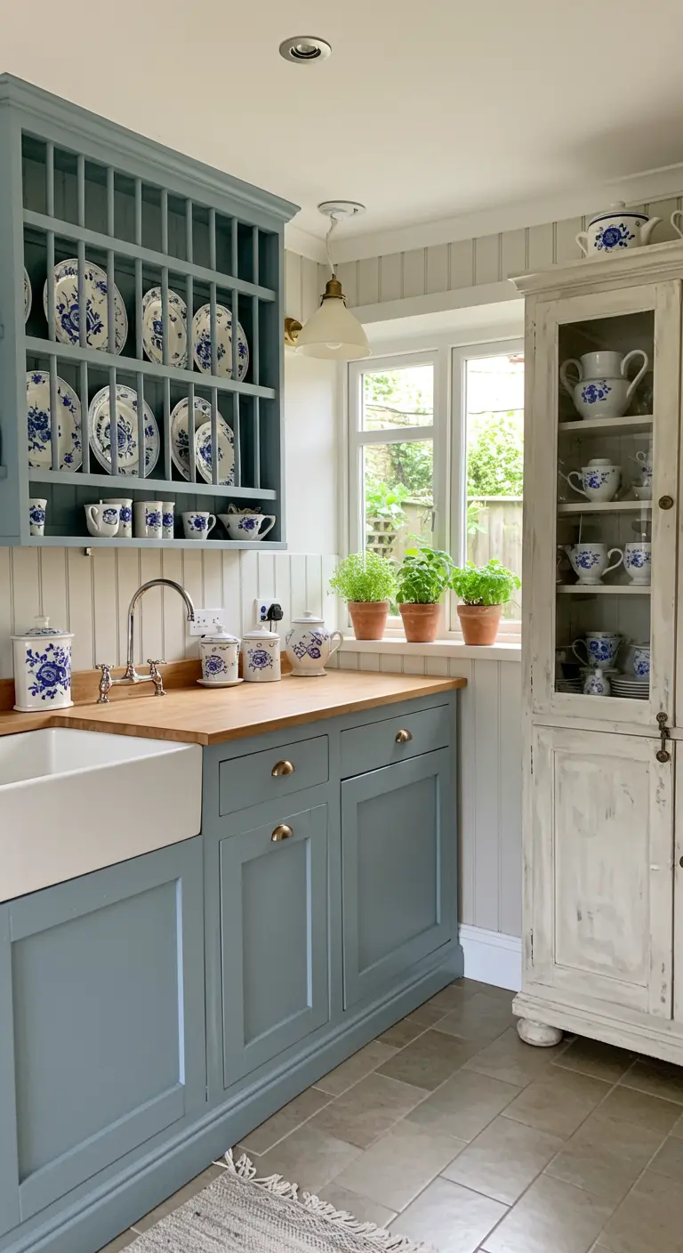 Cocina cottage con gabinetes azul grisáceo, escurreplatos a la vista y alacena blanca decapada.