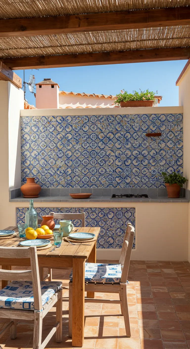Pared de cocina exterior cubierta de azulejos portugueses azules y blancos, con una mesa de comedor.