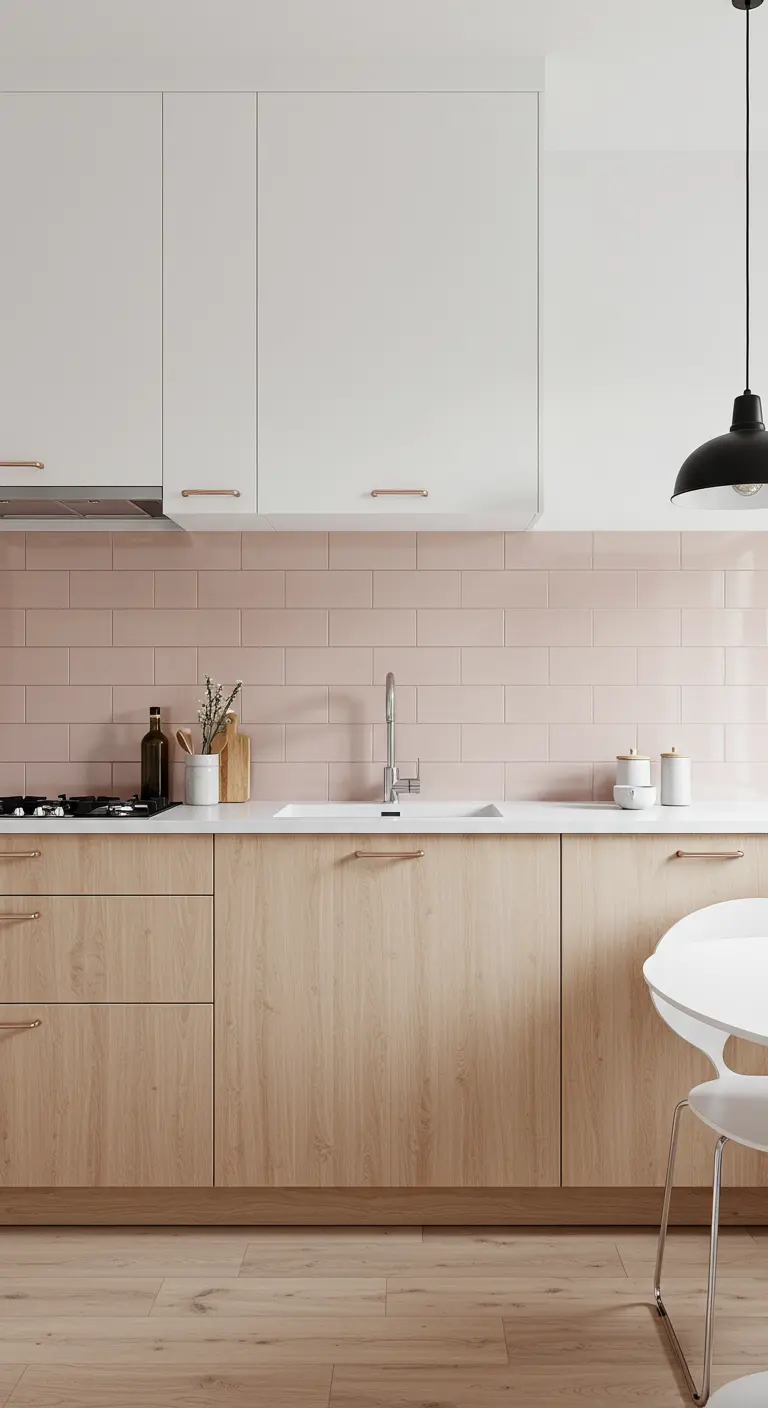 Cocina minimalista con salpicadero de azulejos rosa, gabinetes de madera clara y blanco.