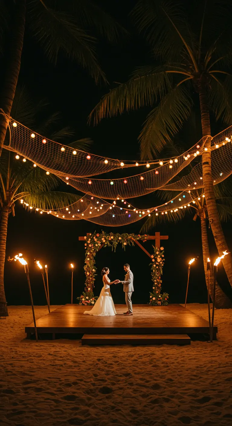 Pista de baile en la playa de noche, con redes y luces de colores entre palmeras.