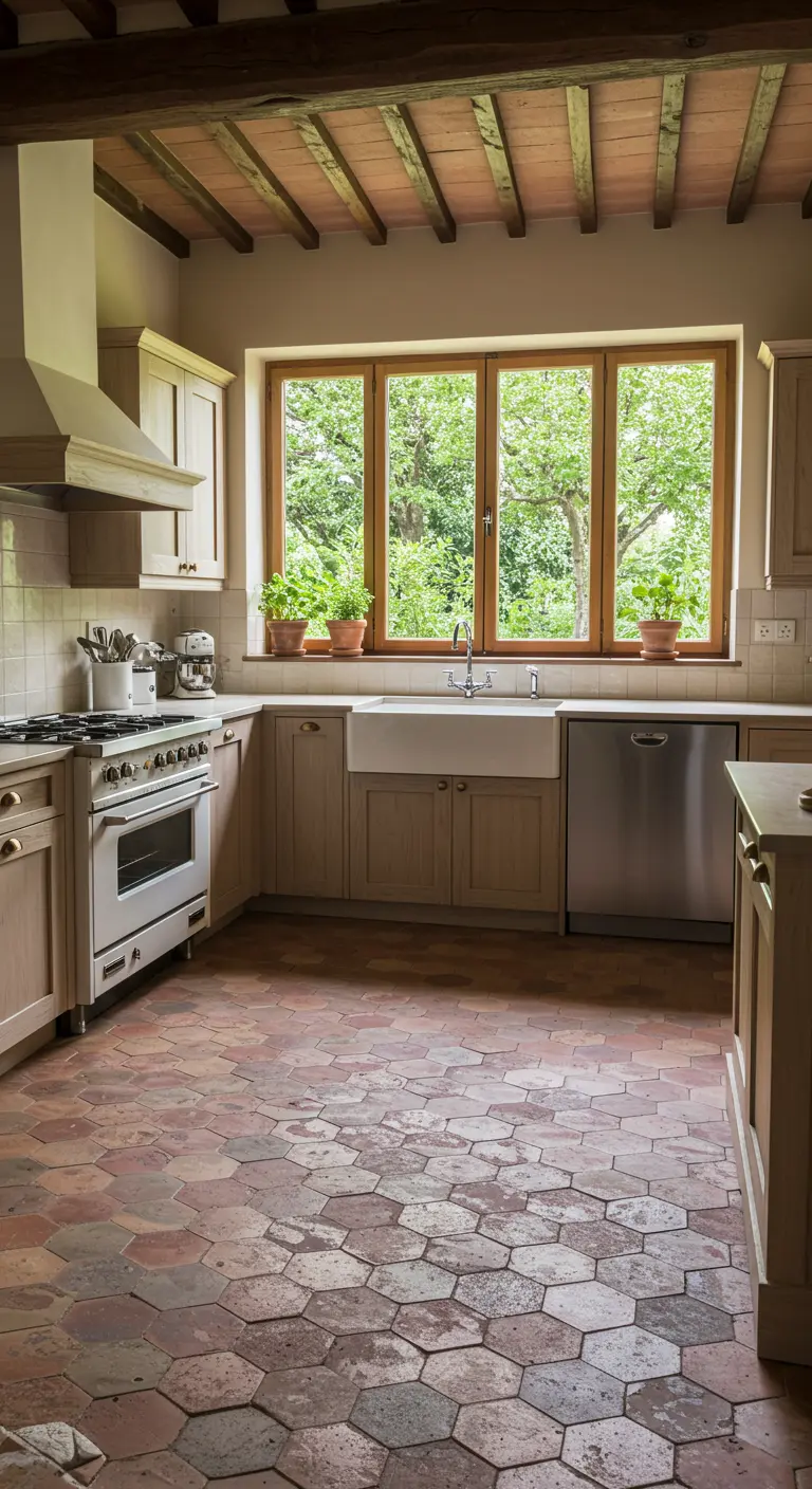 Cocina con suelo de baldosas de terracota hexagonales y muebles de madera clara.