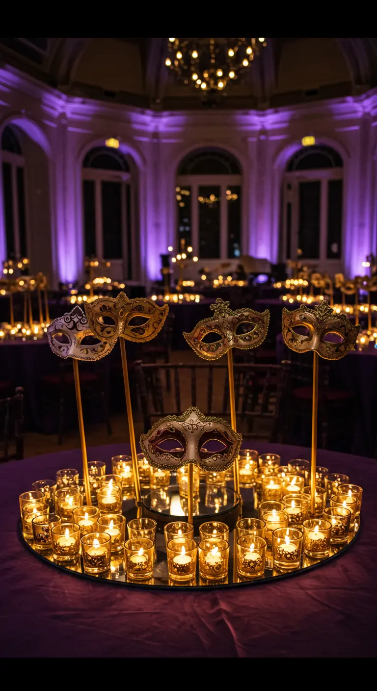 Centro de mesa con máscaras venecianas doradas y docenas de velas sobre un espejo.