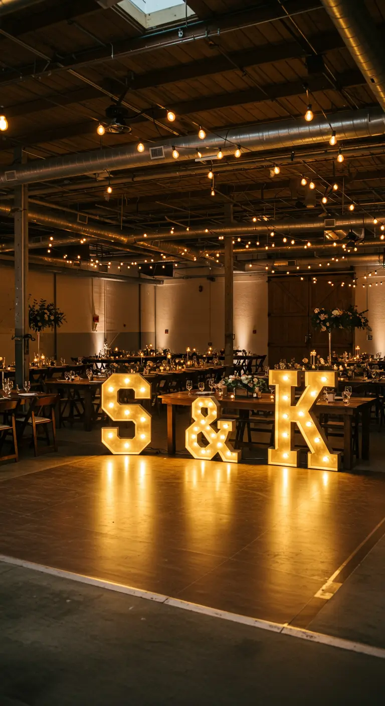 Iniciales luminosas S&K en la pista de baile de un salón de bodas de estilo rústico.