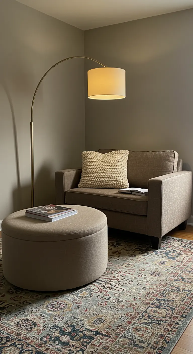 Sofá pequeño beige con lámpara de pie arqueada, cojín texturizado y otomana redonda.