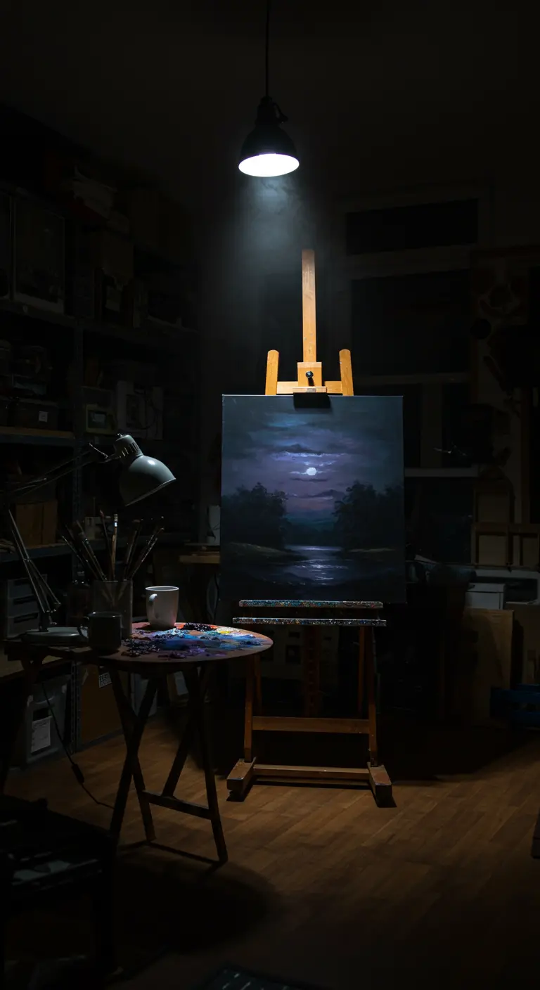 Caballete con una pintura de un paisaje nocturno, iluminado por un único foco en una habitación oscura.