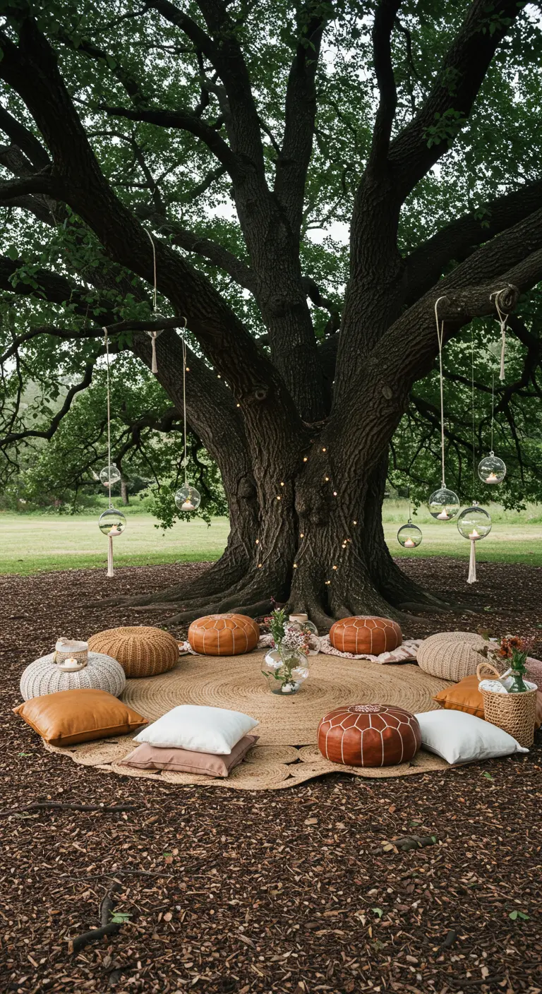 Zona chill out bajo un gran árbol con alfombra de yute, pufs y esferas de cristal colgando.