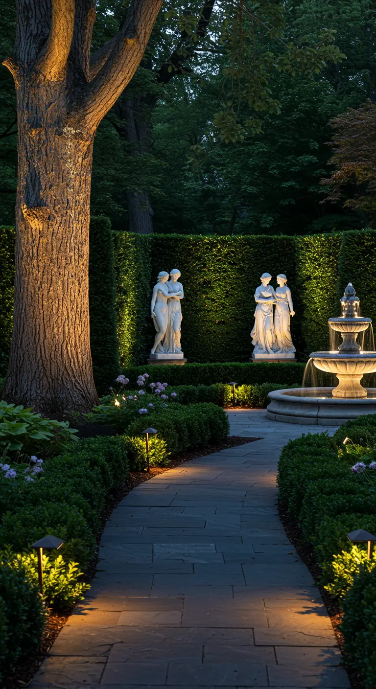 Jardín de noche con esculturas, setos y una fuente iluminados con focos cálidos.