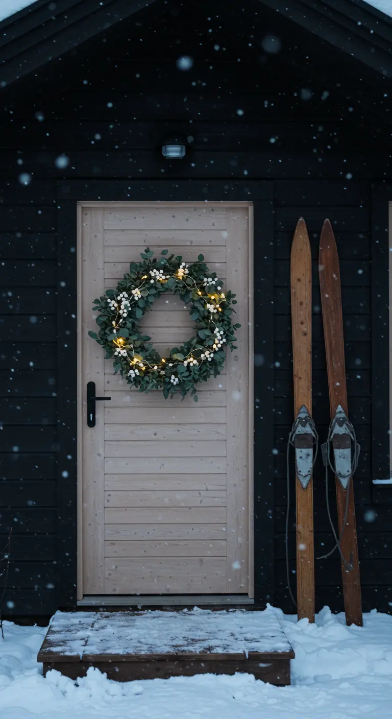 Corona de muérdago con luces de hadas en una puerta de madera clara.