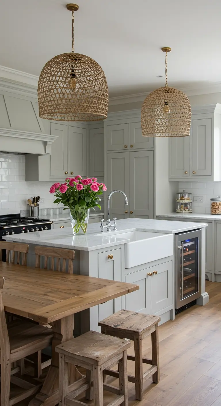 Cocina farmhouse con lámparas grandes de mimbre, gabinetes grises y mesa de madera