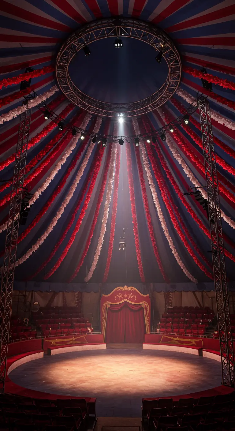 Interior de una carpa de circo con tiras de papel rojas, blancas y azules desde el centro.