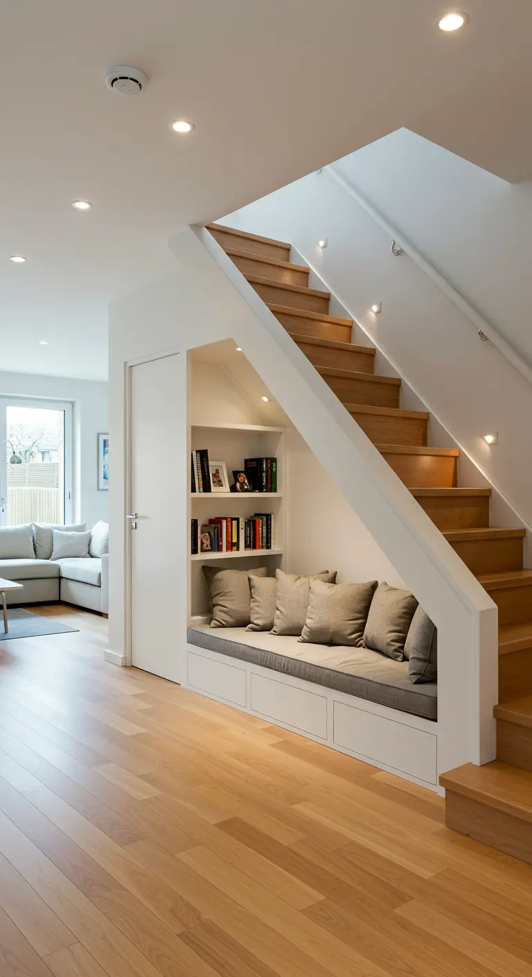 Acogedor rincón de lectura construido bajo una escalera con un banco, cojines y estanterías.