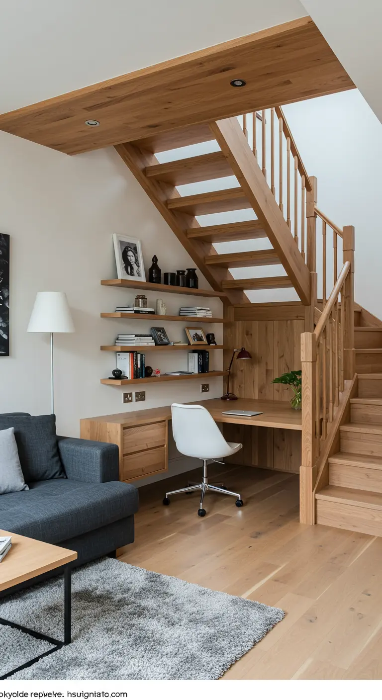 Escritorio de madera con estanterías integrado en el hueco bajo una escalera.