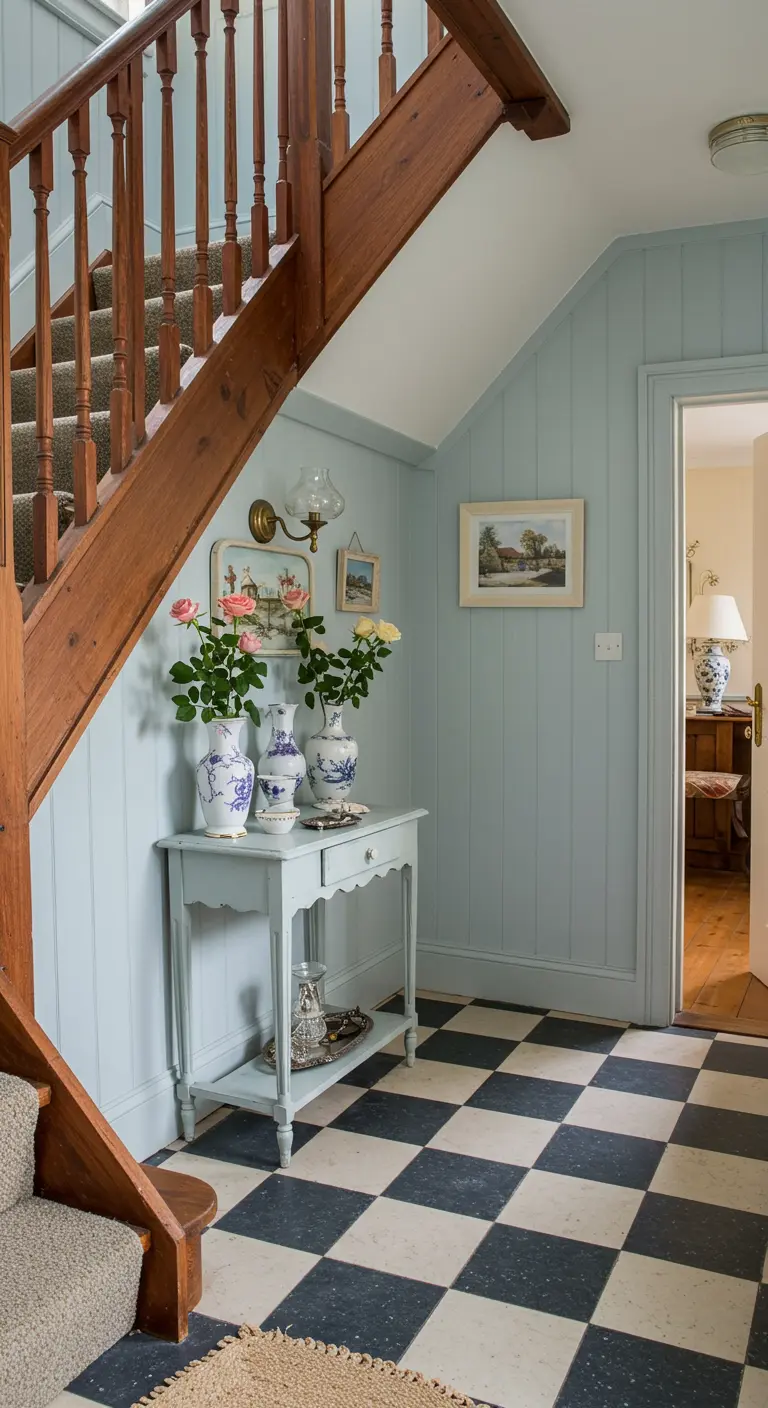 Consola azul pálido bajo una escalera de madera, con suelo de damero y jarrones con rosas.