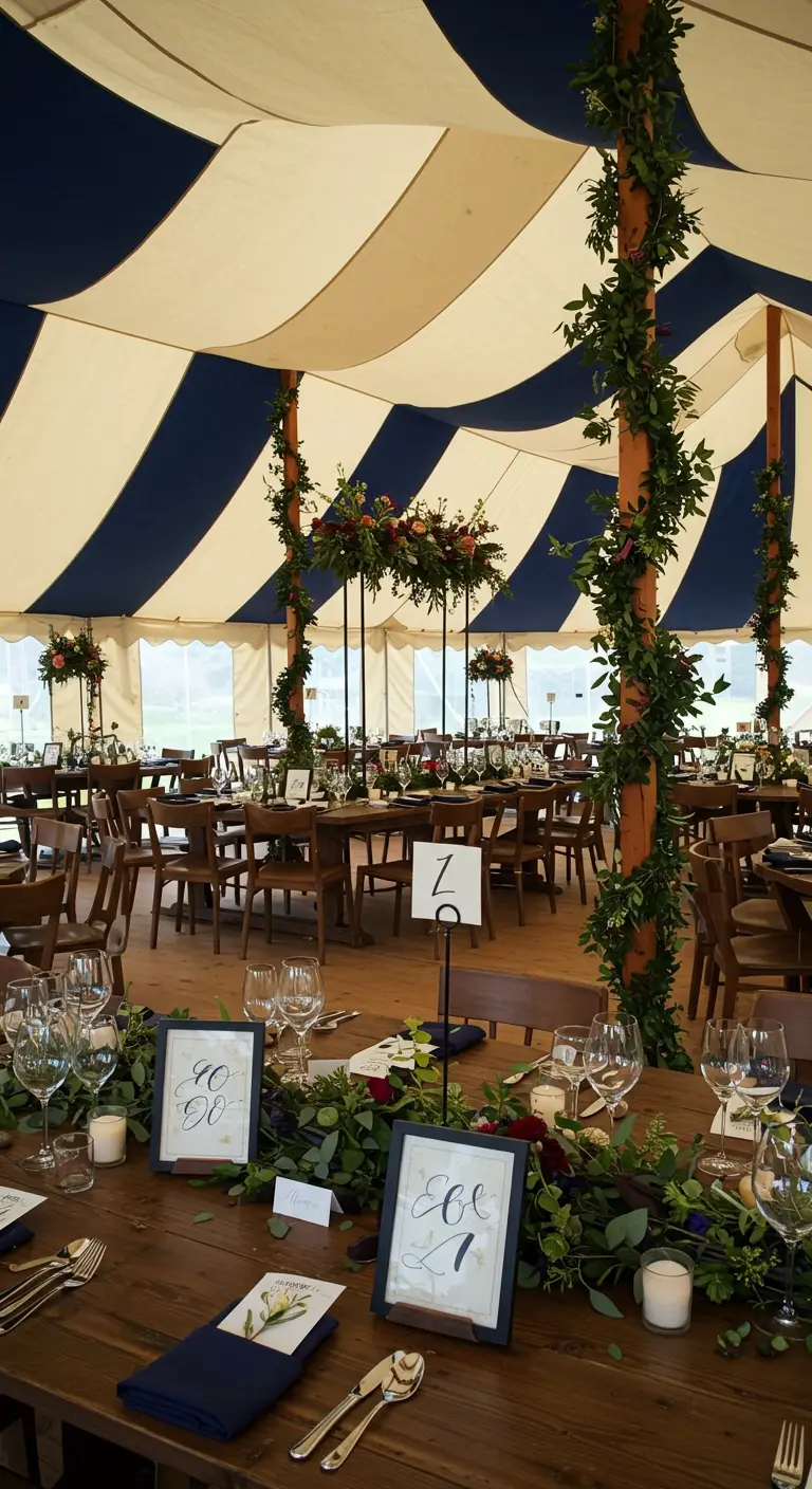 Interior de una carpa de boda con mesas de madera y decoración de vegetación.