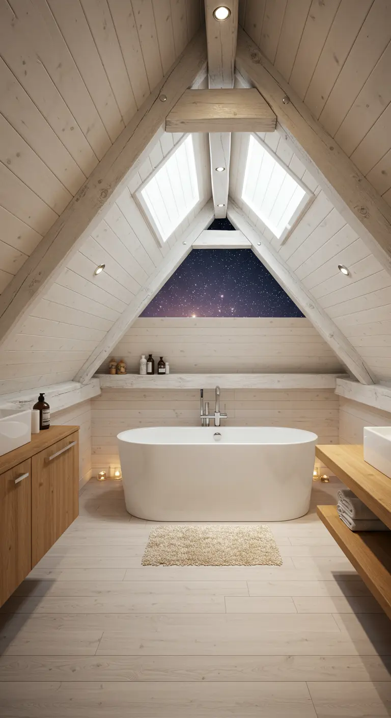 Baño en un ático con paredes de madera clara, bañera exenta y vistas al cielo estrellado