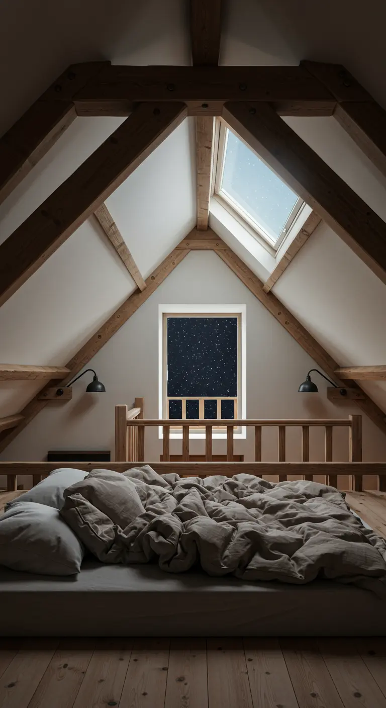 Dormitorio en un ático con vigas de madera vistas y una cama en el suelo.