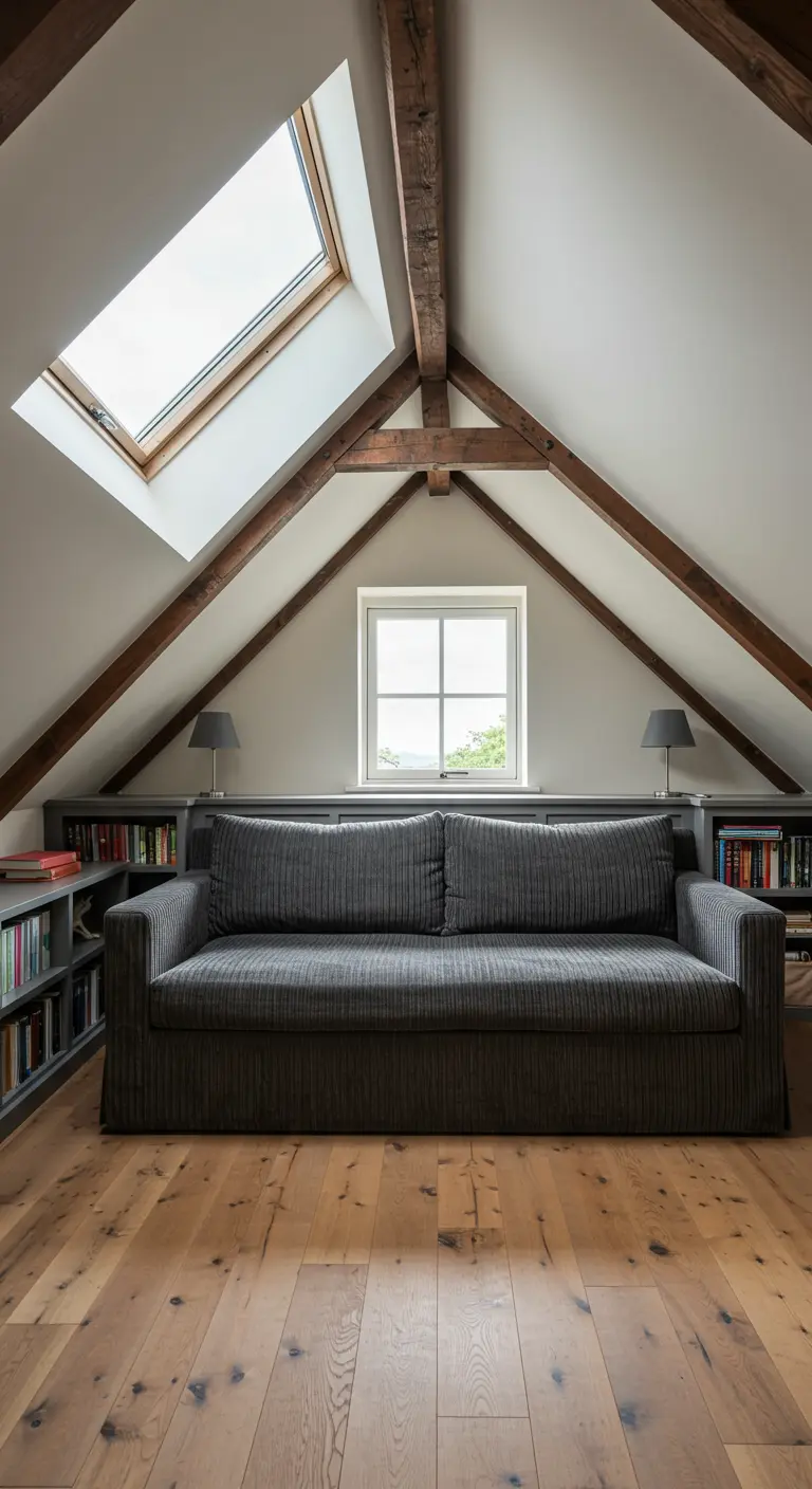 Sofá cama de pana gris en un ático con vigas de madera y estanterías integradas.