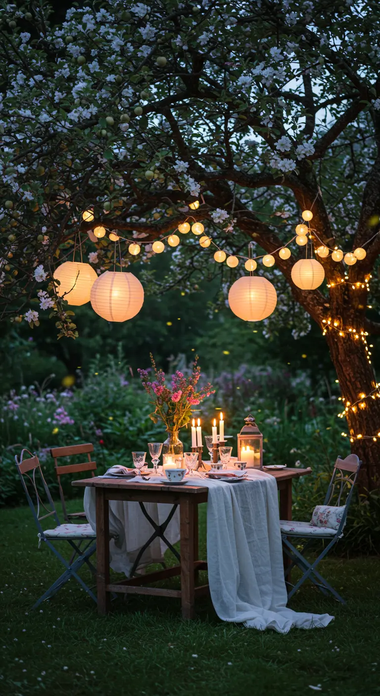 Cena romántica en un jardín bajo un árbol decorado con luces y farolillos de papel.
