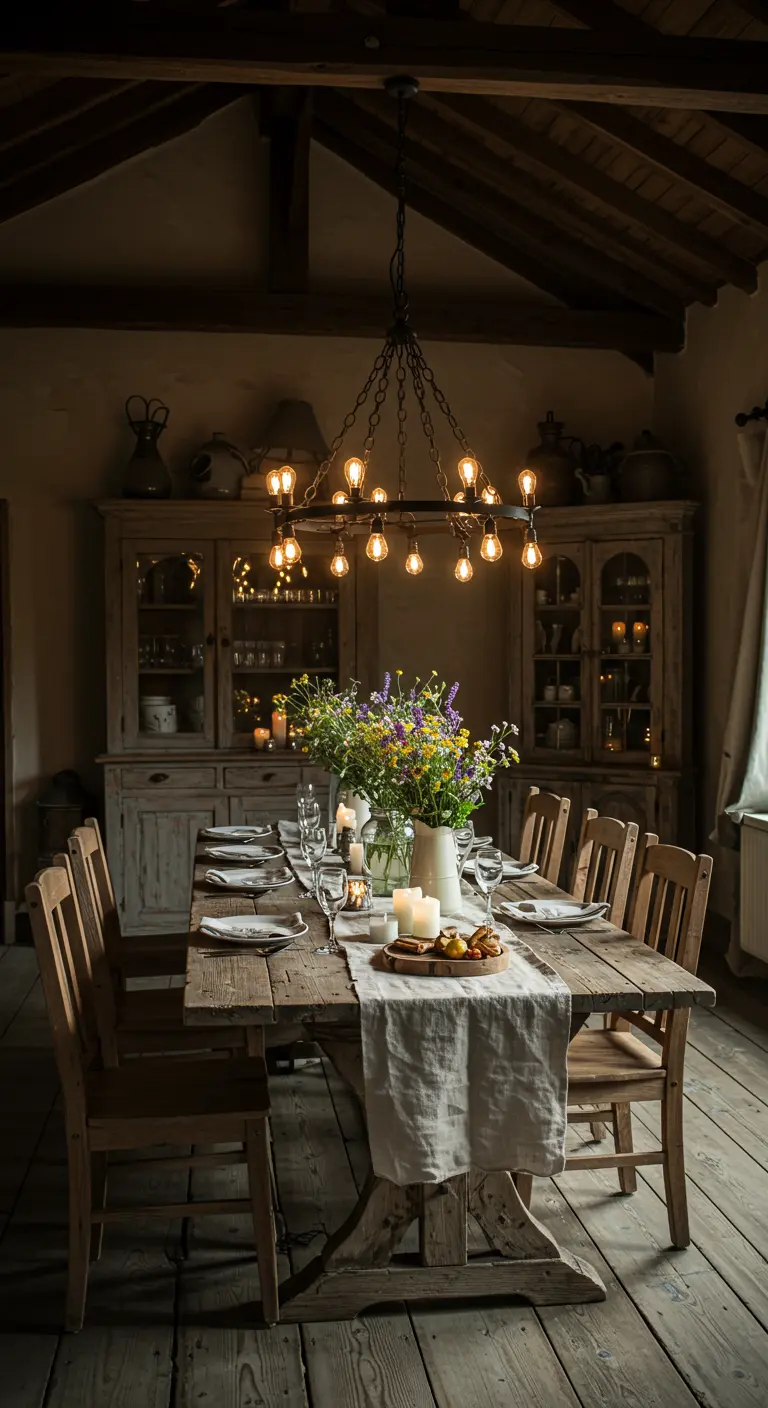 Mesa de comedor rústica de madera iluminada por un gran candelabro de bombillas cálidas.