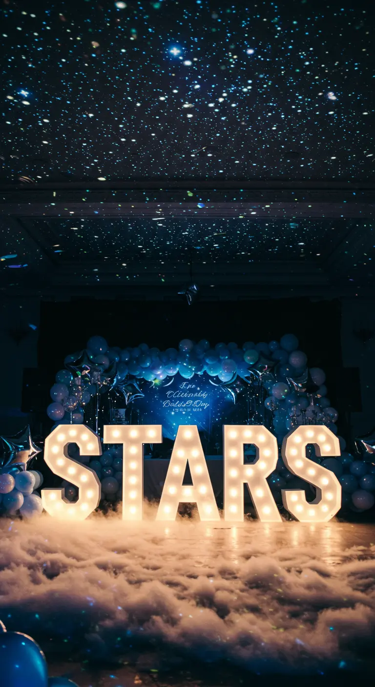 Letras 'STARS' iluminadas entre humo y un arco de globos, bajo un techo que simula un cielo estrellado.