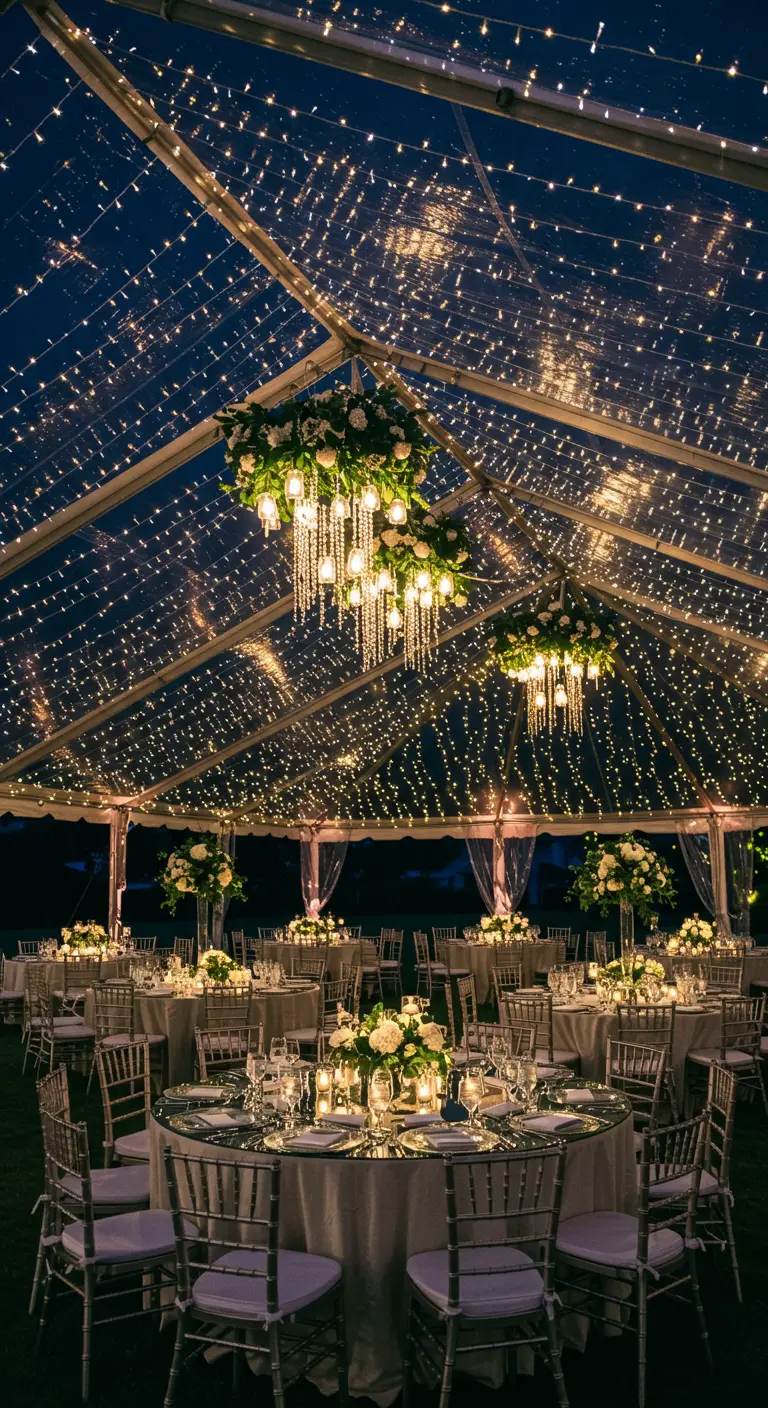 Recepción de boda nocturna en una carpa transparente con el techo lleno de luces de hadas.
