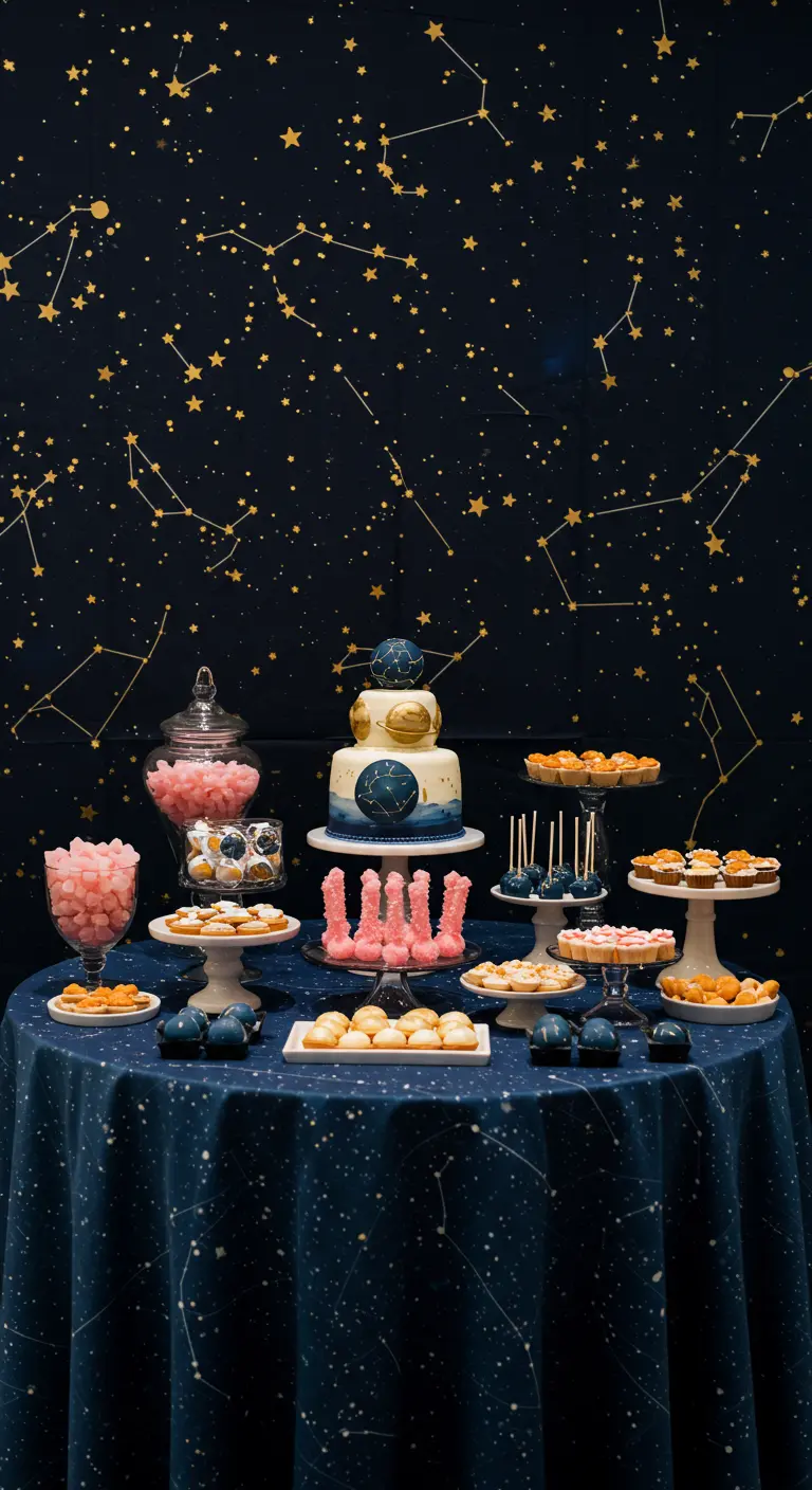 Candy bar con temática celestial, fondo de constelaciones y pastel decorado con planetas.
