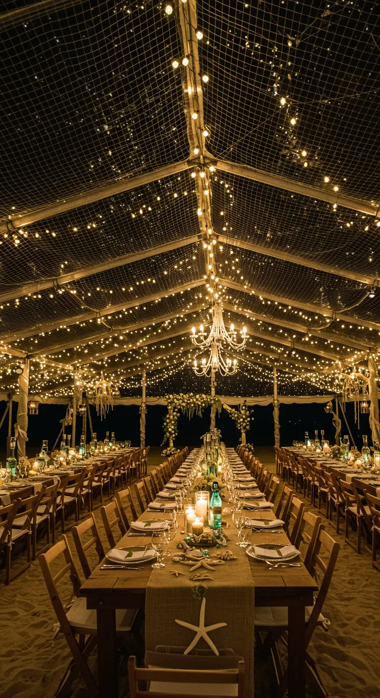Carpa de boda en la playa iluminada con guirnaldas de luces y candelabros.