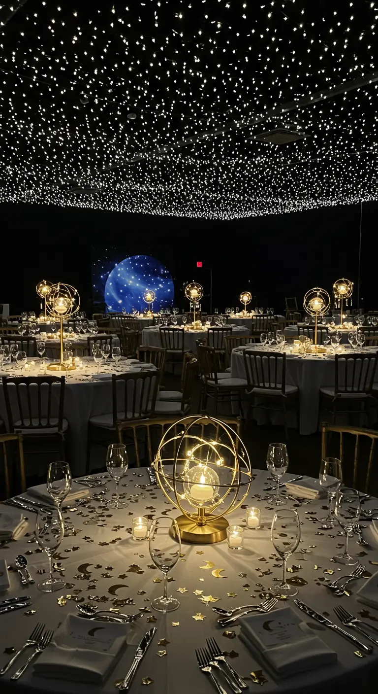 Salón de eventos con un techo cubierto de miles de luces de hadas y mesas con centros de mesa esféricos dorados.