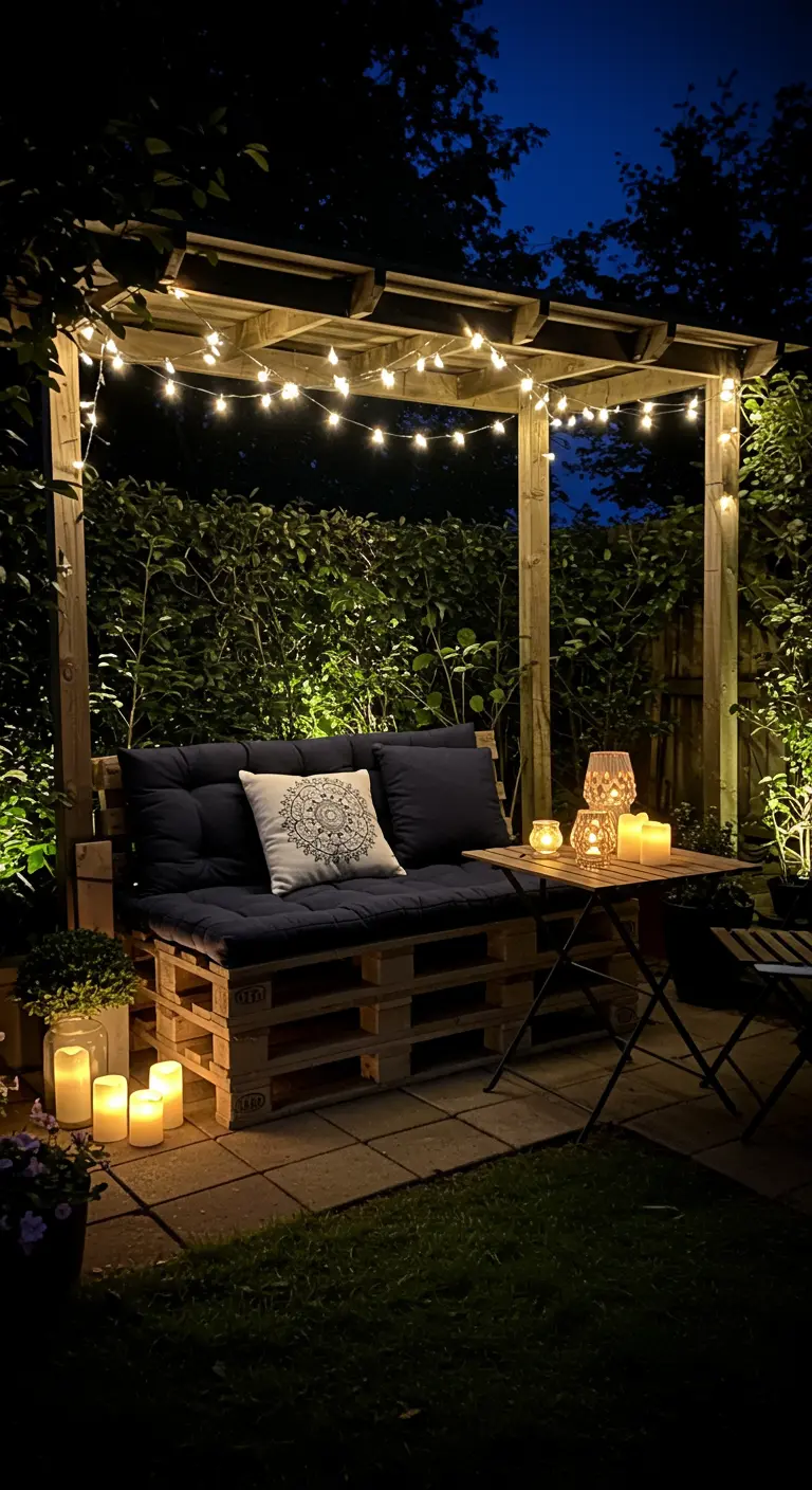 Banco de palets con cojines oscuros bajo una pérgola de madera iluminada con guirnaldas de luces.