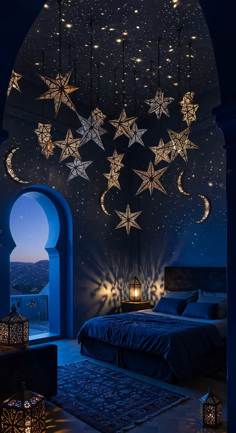 Dormitorio mágico con un techo oscuro del que cuelgan lámparas en forma de estrella que iluminan el espacio.