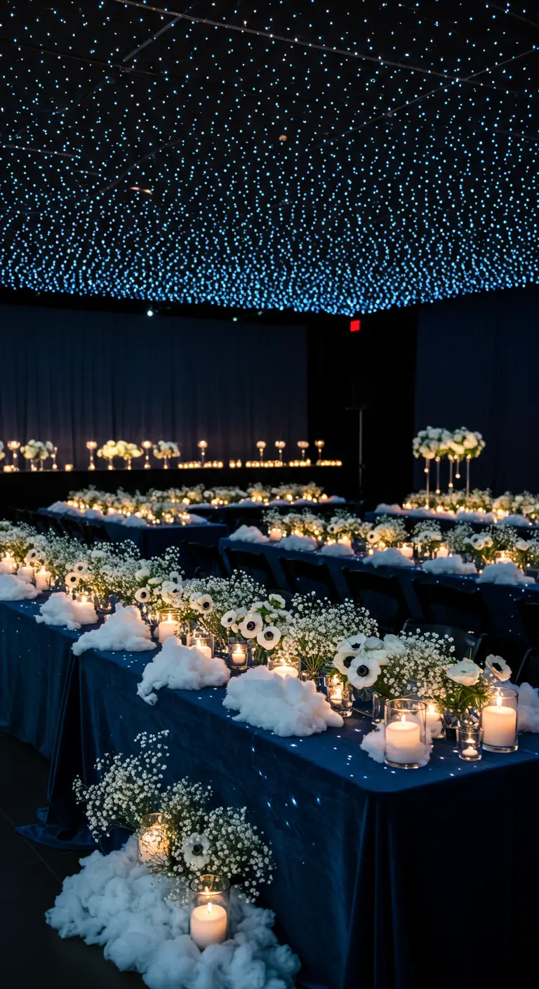 Recepción de boda con temática de noche estrellada, manteles azules y luces en el techo.