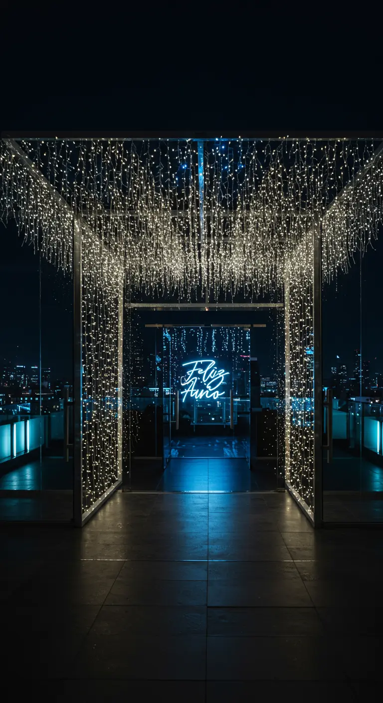 Túnel de luces de hadas en una azotea con un letrero de neón 'Feliz Año'.