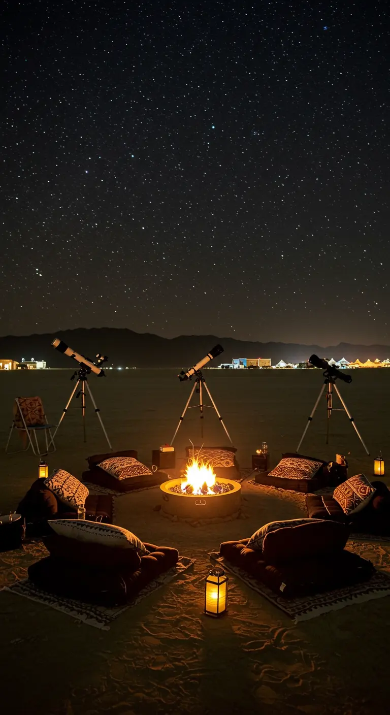 Campamento en el desierto por la noche con una hoguera, cojines y telescopios.