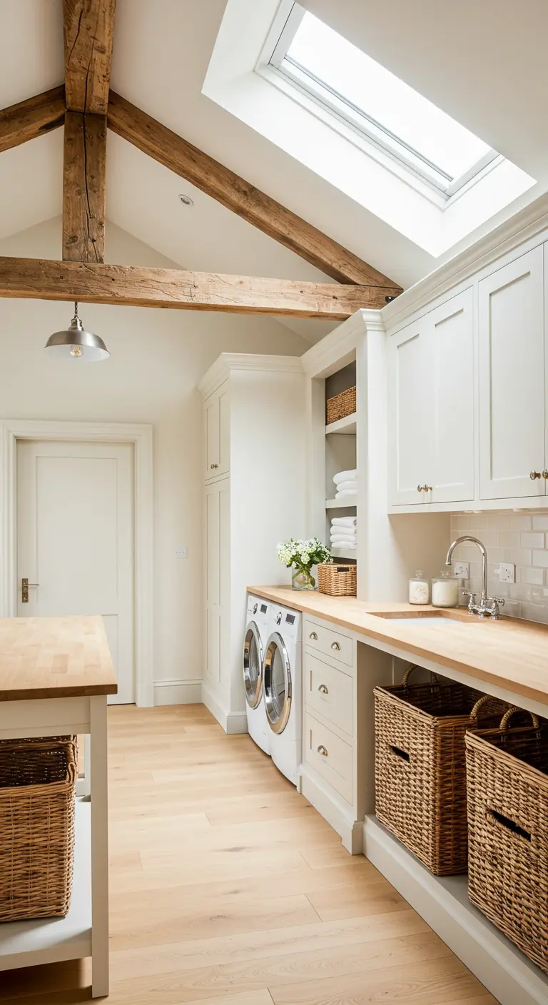 Lavandería espaciosa con vigas de madera a la vista, tragaluz y gabinetes blancos.