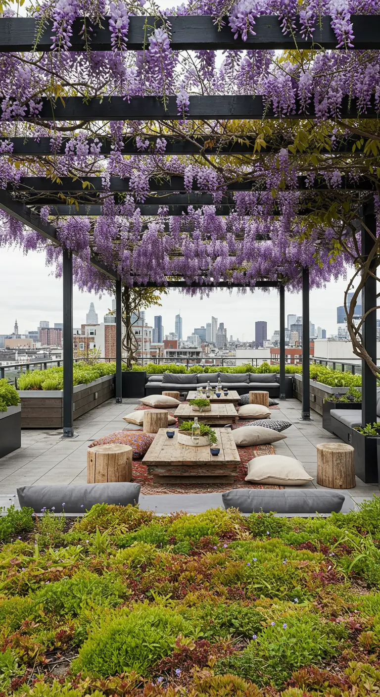 Azotea con una gran pérgola cubierta de glicinas púrpuras y una zona chill-out con cojines.