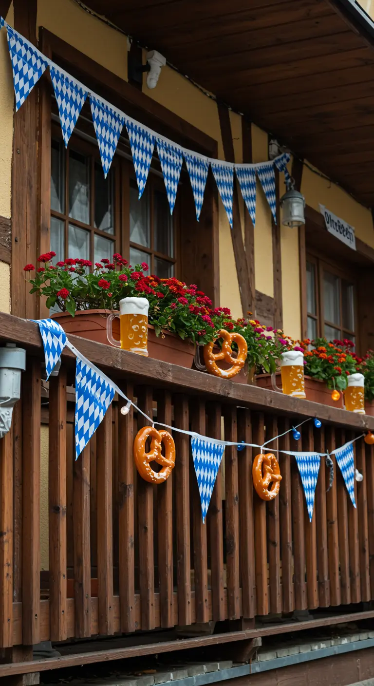 Balcón de madera decorado para Oktoberfest con banderines azules y blancos y pretzels falsos.