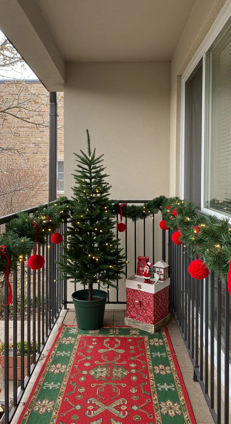 Balcón pequeño decorado con una guirnalda con pompones rojos y un pequeño árbol de Navidad.