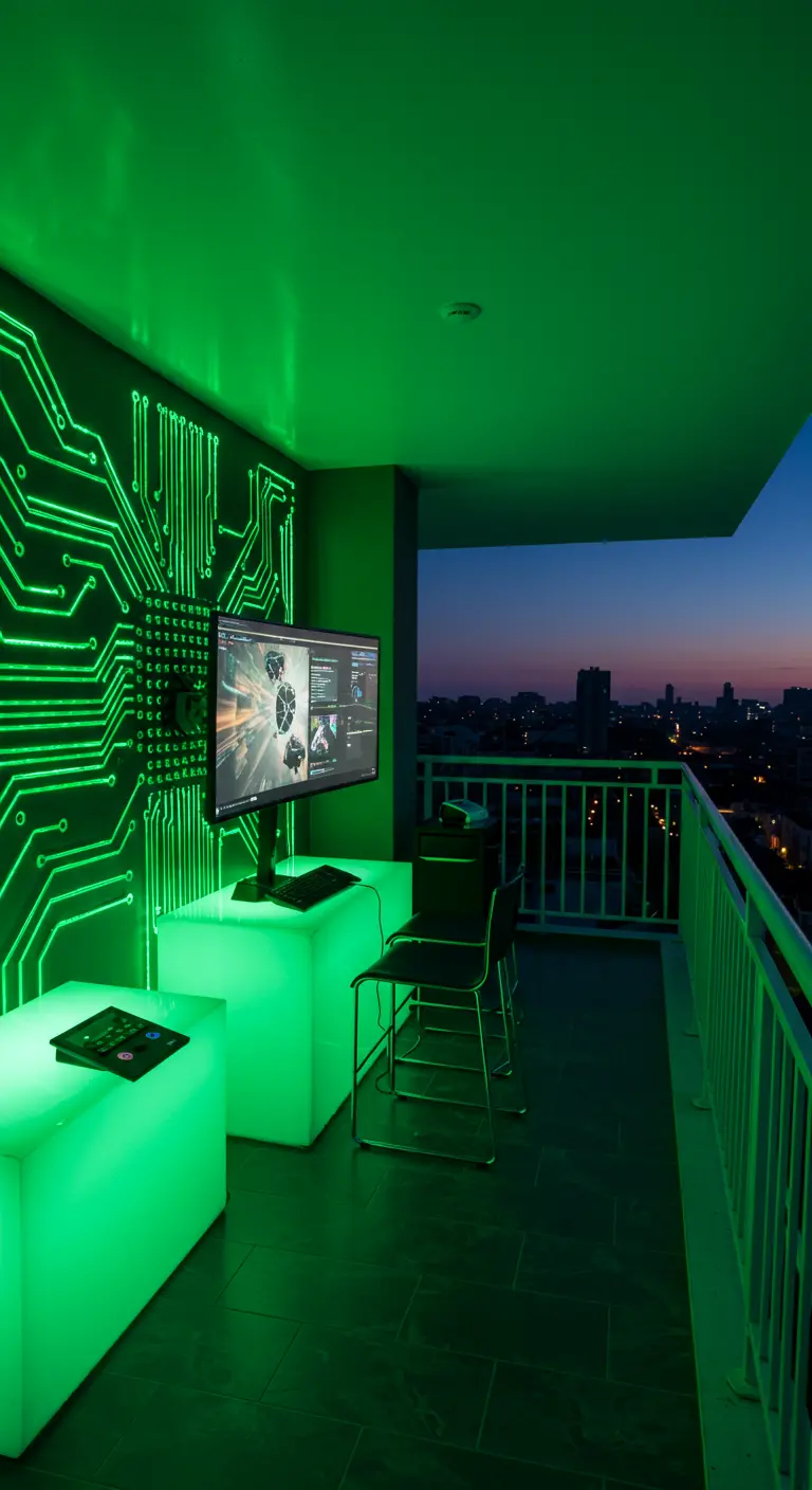 Balcón transformado en una zona de videojuegos, con una pared de circuitos de luz LED verde y muebles iluminados
