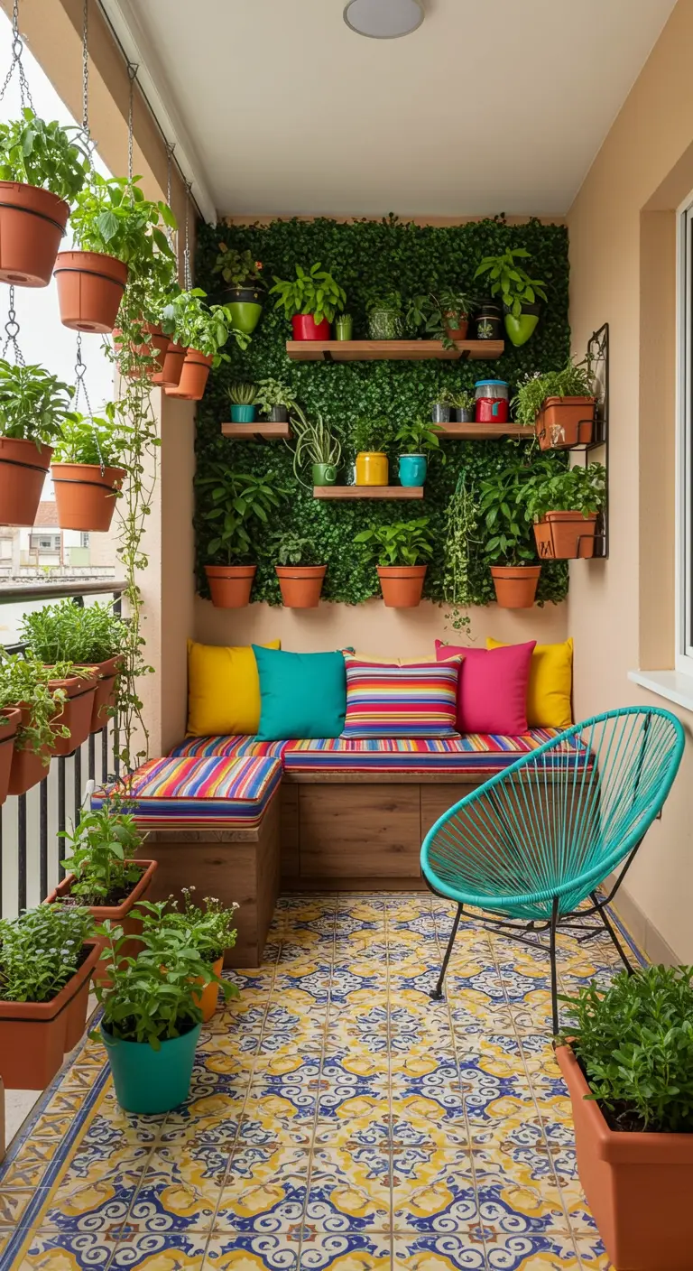 Balcón pequeño con jardín vertical, banco de madera con cojines de colores y suelo de baldosas.