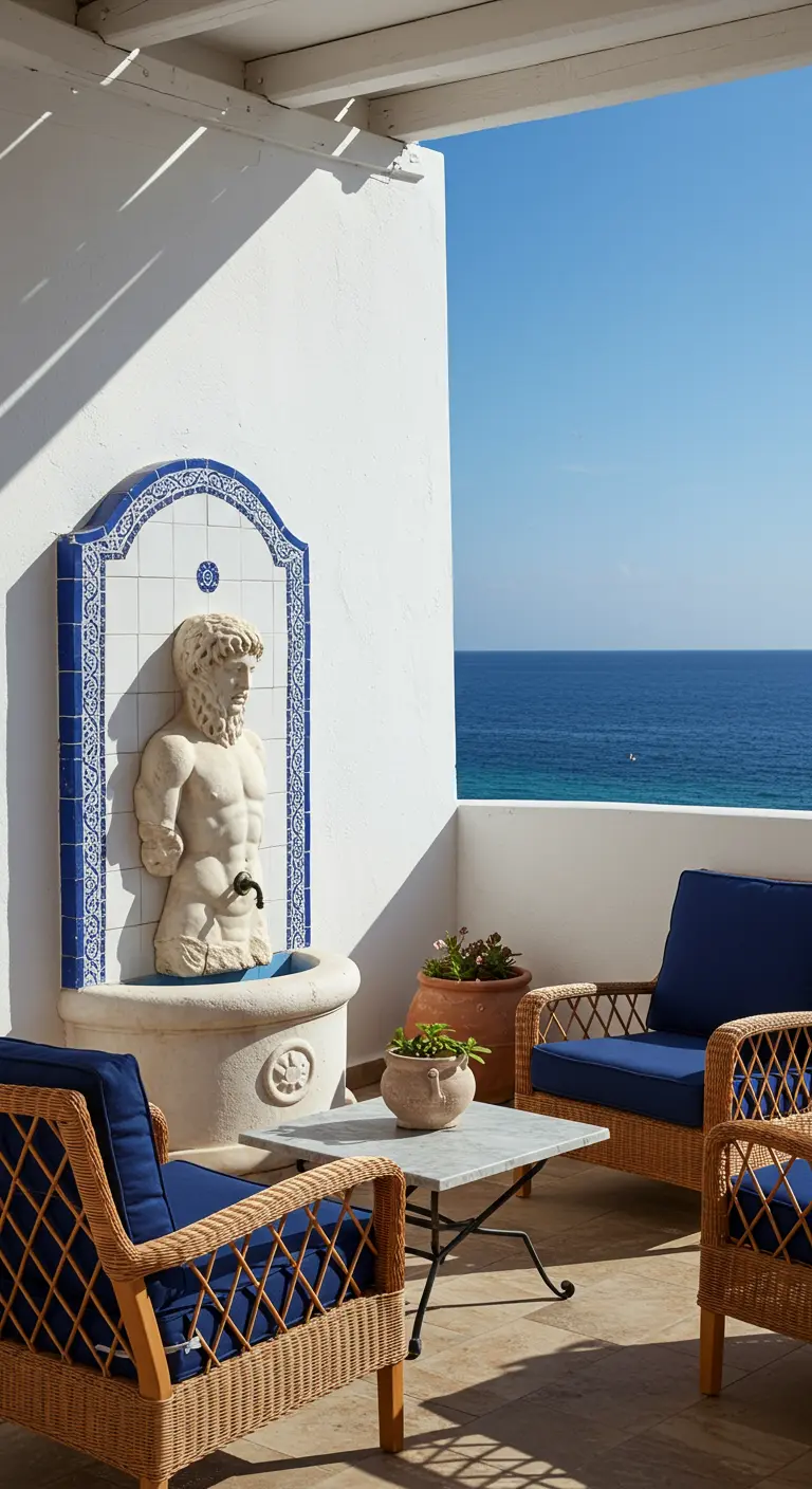 Balcón con vistas al mar, fuente de pared de estilo griego y muebles de mimbre azules.