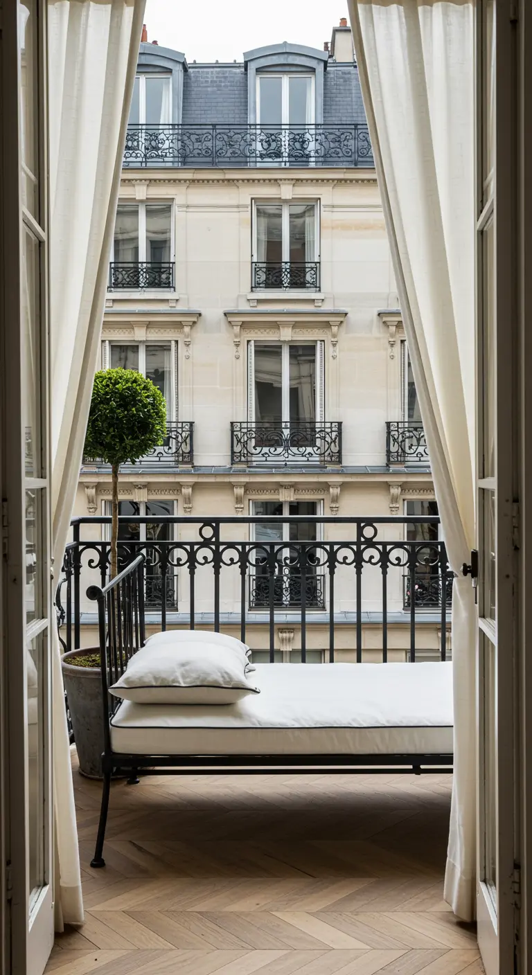 Cama de día de forja negra en un balcón parisino, vista desde el interior a través de unas cortinas blancas