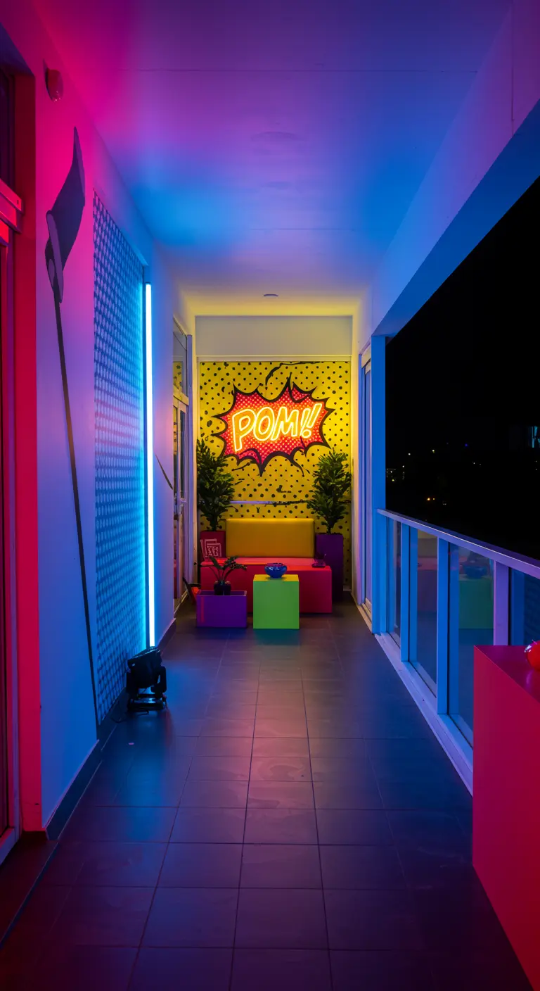 Balcón estrecho decorado al estilo pop-art con un letrero de neón 'POW!' y luces azules y fucsias