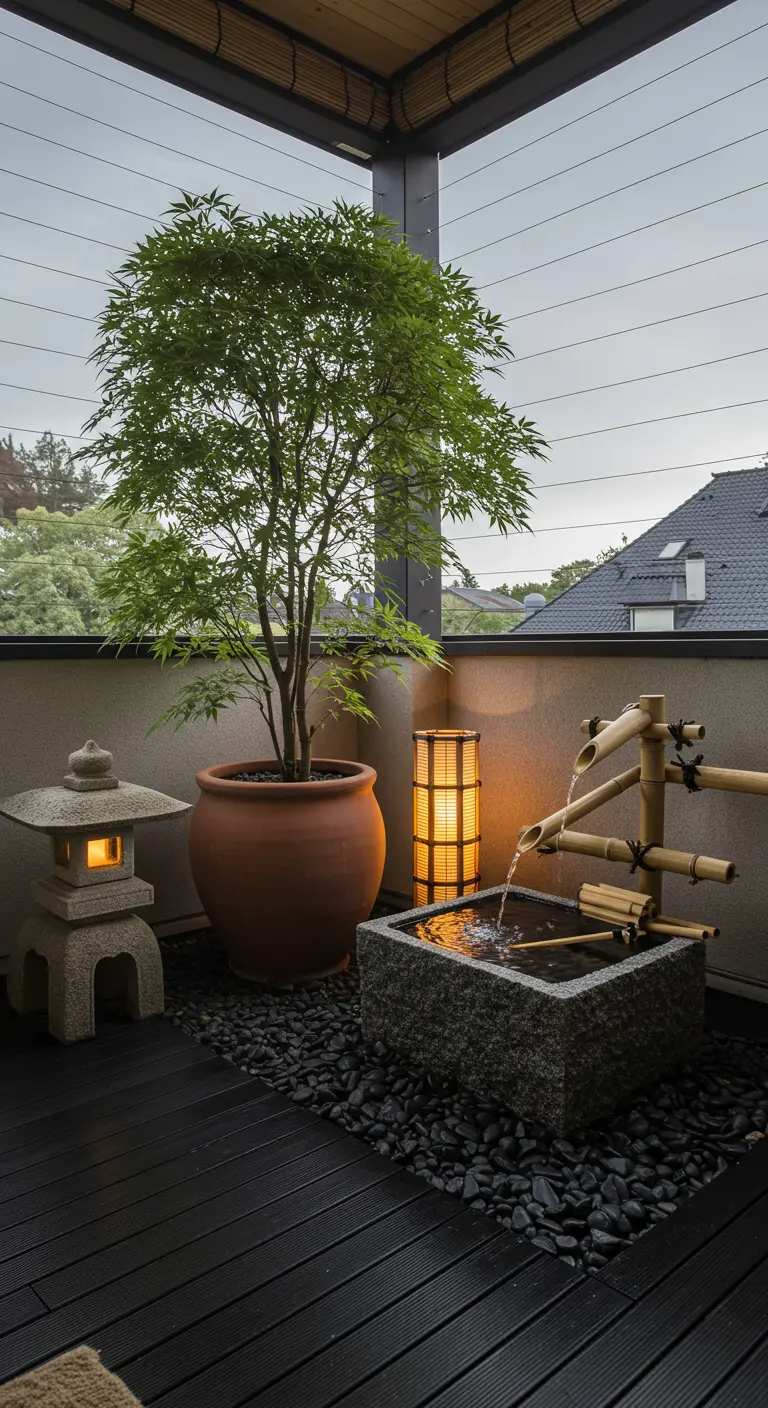 Balcón de estilo japonés con fuente de agua de bambú, árbol en maceta y linternas de piedra.
