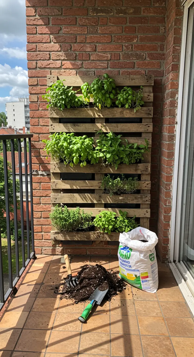 Jardín vertical hecho con un pallet de madera en un balcón, lleno de plantas aromáticas frescas.